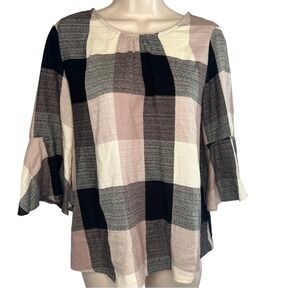 Ro & De Buffalo Plaid Bell Sleeve Soft Preppy Casual Blouse Size XS
